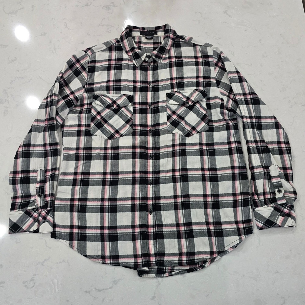 Sanctuary Womens Plaid Boyfriend Shirt Medium Pink Black White Button Down